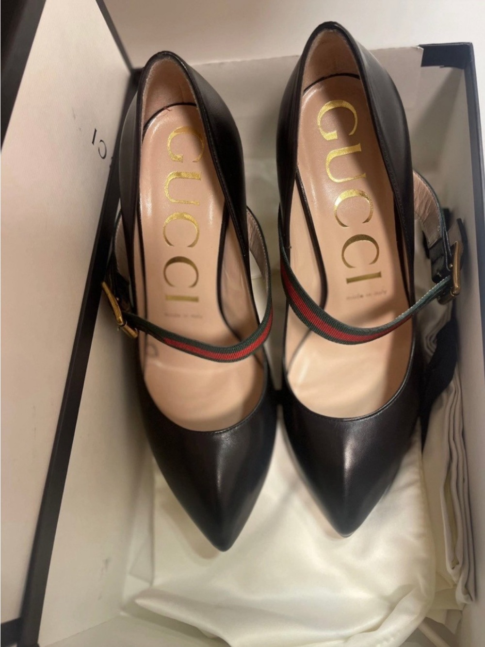Gucci Black Leather Pointed-Toe High Heels with Signature Web Strap - Picture 2 of 12